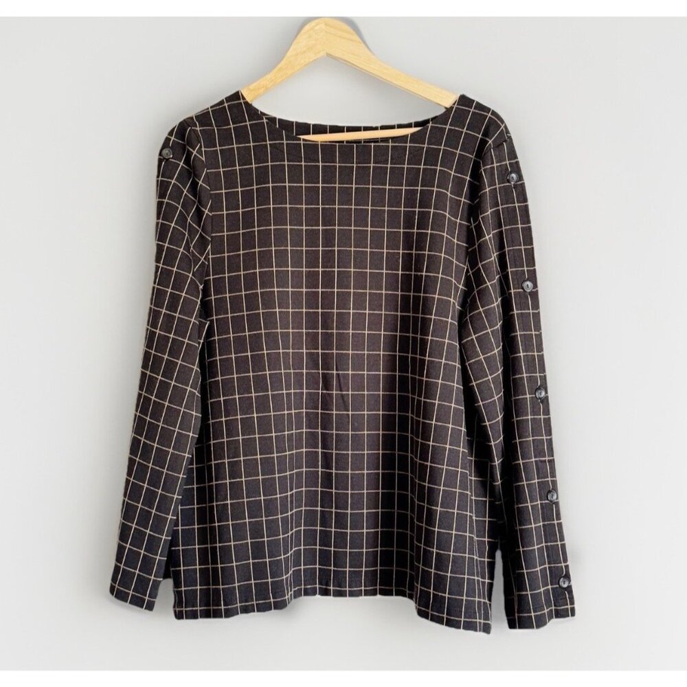 J. Jill Black Ponte Washed Black Beige Window Pane Top Sz XL Long Button Sleeves